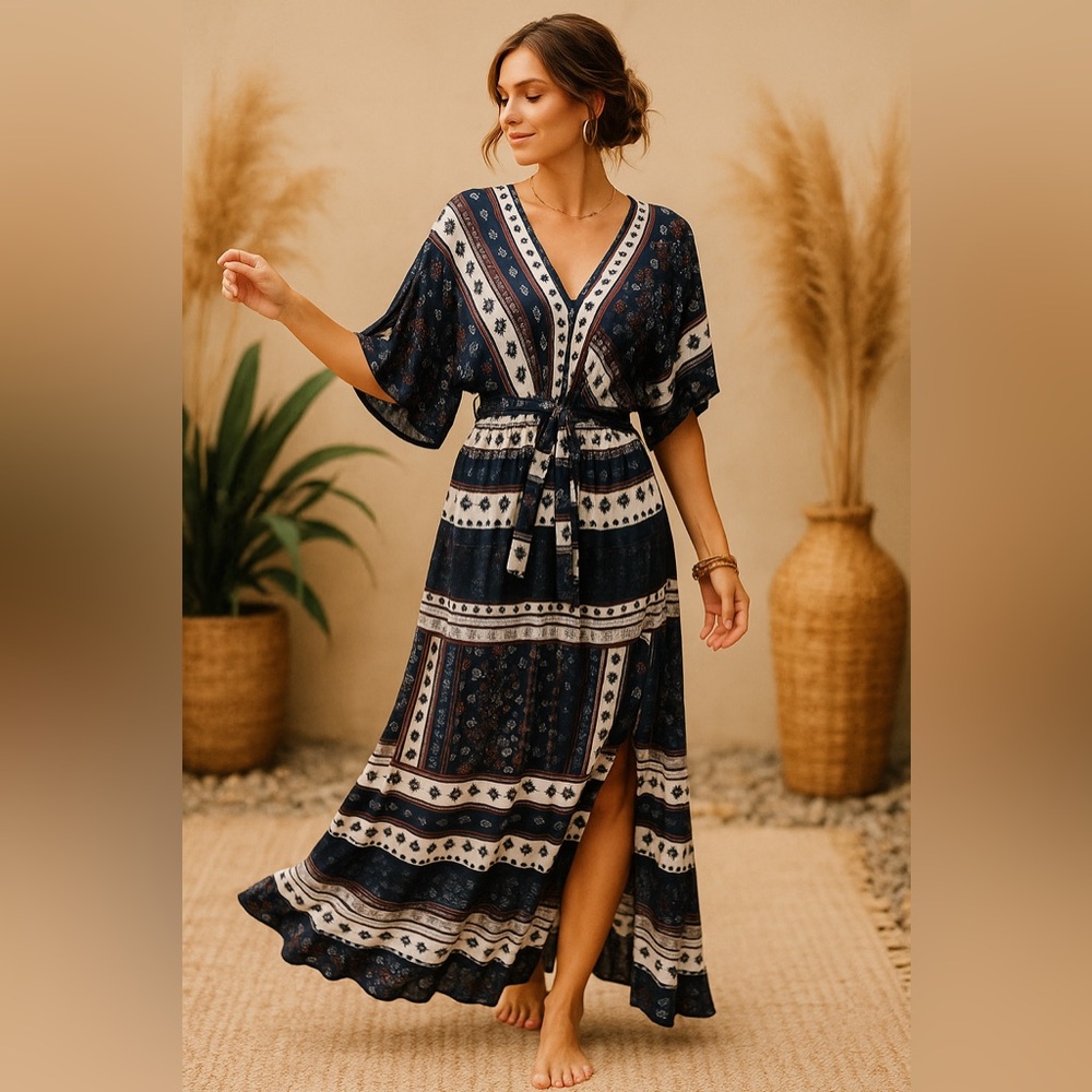 Elegant Patterned Maxi Dress in Navy and White